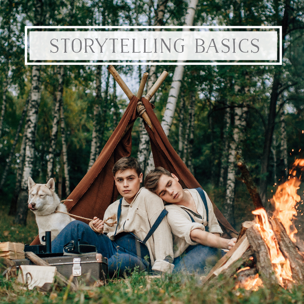 two boys and a dog camping with campfire